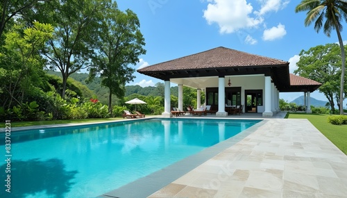 Wallpaper Mural house with a swimming pool with sun loungers among palm trees with a tiled roof and white walls Torontodigital.ca