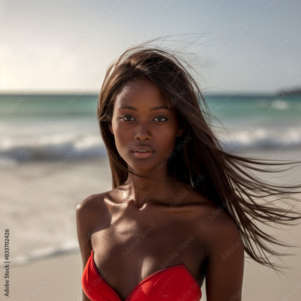 african american model standing next to ocean and posing in red strapless bikini; portrait of a young woman on the beach; model looking directly into camera african american model standing next to ocean and posing in red strapless bikini; portrait of a young woman on the beach; model looking directly into camera