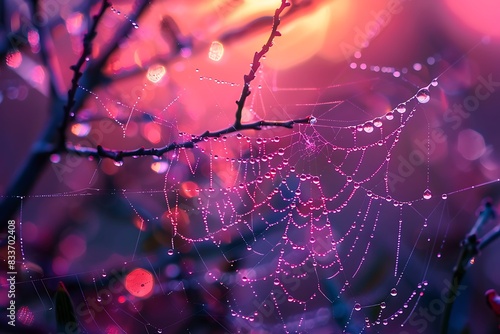 The glistening droplets on a spidera??s web at dawn photo