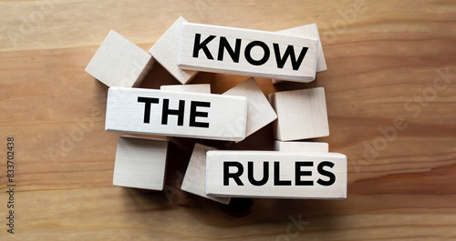 Know the rules word on wooden blocks isolated on wooden background. concept of business process regulation. photo