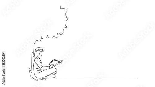 Animation of continuous line drawing Arab man sitting reading book under shady tree. Continuing the second volume of the fiction story book. Single line self drawing animated. Full length motion photo