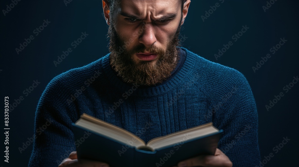 A serious man reading a book, focused on the text A serious man reading a book, focused on the text