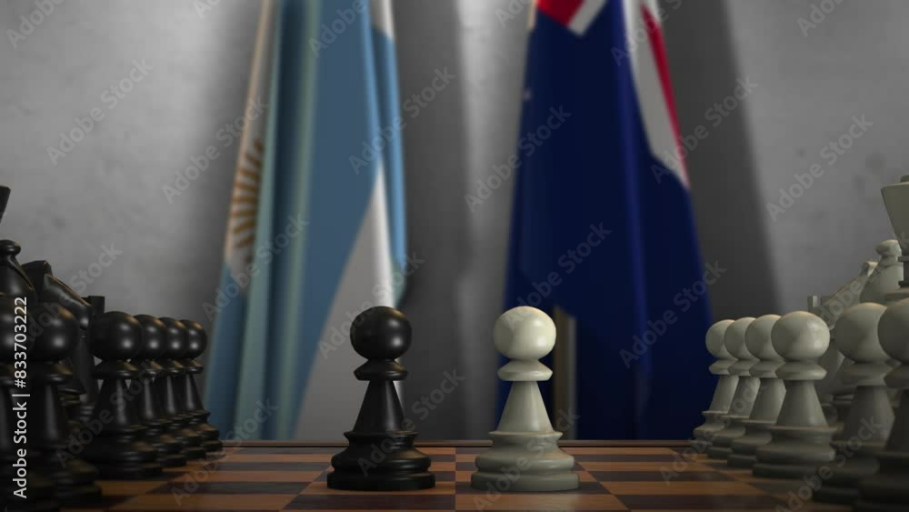 New Zealand and Argentina National Flags with Chess Board Animation. Politics of Government or Conflict of Countries Concept New Zealand and Argentina National Flags with Chess Board Animation. Politics of Government or Conflict of Countries Concept