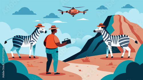 A pair of biologists using remotecontrolled drones to survey and collect data on a population of endangered Cape mountain zebras.. Vector illustration