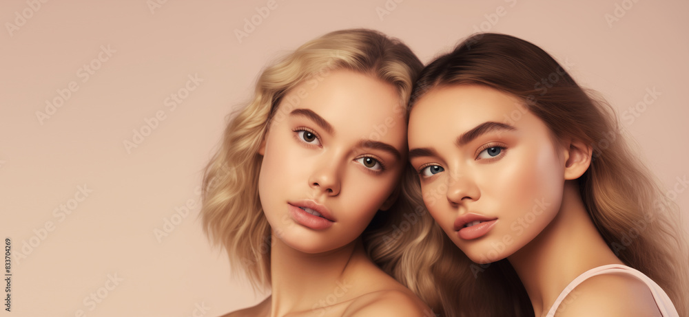 Beauty portrait of three diverse young women with clean skin, beautiful female models together Beauty portrait of three diverse young women with clean skin, beautiful female models together