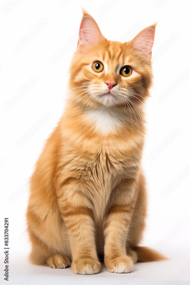 Orange cat with a curious face on a white background