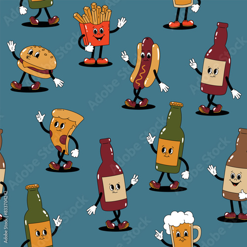Vector seamless pattern with retro mascot characters walking glass bottles with drink and various fast food on blue background