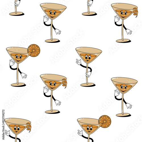 Vector seamless pattern of colored retro mascot characters walking glasses with cocktail with zest and citrus slice on a white background