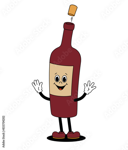 Vector color illustration of retro mascot character walking glass wine bottle with cork. Vintage style 30s, 40s, 50s old animation. Isolated on white background.