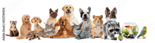 Collage with different animals, including fish, hamster, rabbit, cat, and dog on white background. Concept of animal, pet care, veterinary. Copy space for ad