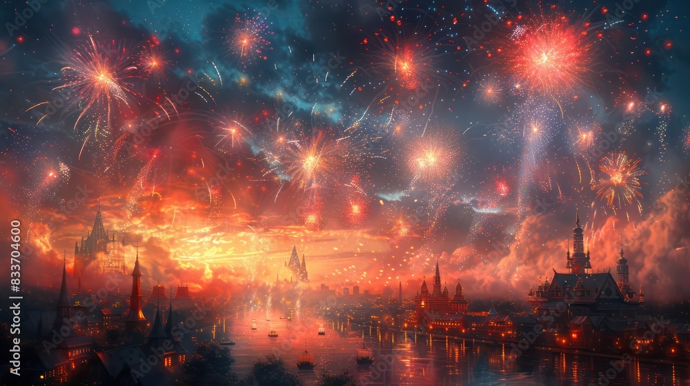 Fireworks show with a crowd watching in awe. Fireworks show with a crowd watching in awe.
