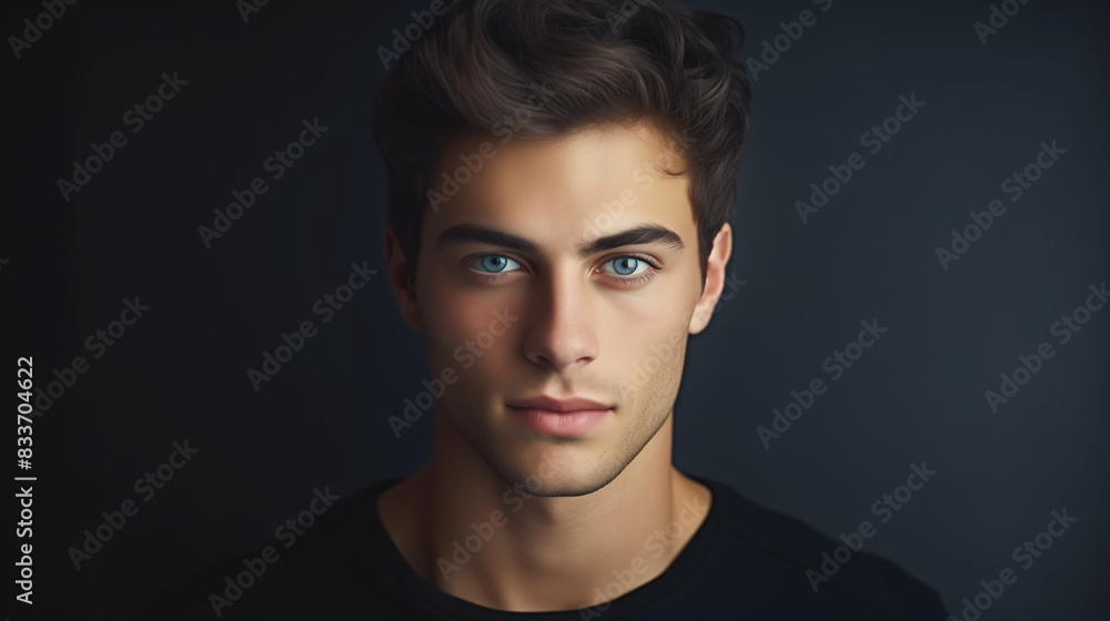 Portrait handsome caucasian young man looking at camera posing on black studio background Portrait handsome caucasian young man looking at camera posing on black studio background