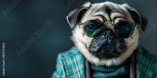Stylish pug in designer glasses and clothes epitomizing fashionforward animal trends. Concept Pet Fashion Trends, Stylish Pug, Designer Glasses, High Fashion Animals, Canine Couture photo