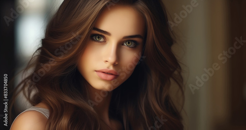 Beauty portrait of pretty young woman with curly hair, beautiful lovely model on studio background © rohappy