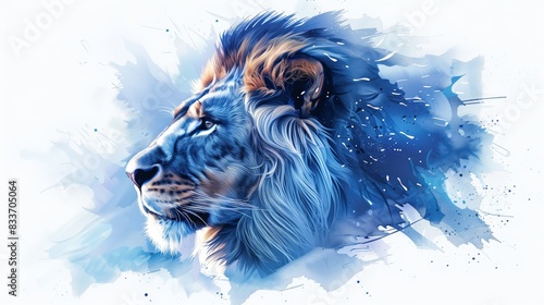 Close up of colorful painted lion face in watercolor. Realistic wild animal illustration. Hand painted on paper, realistic artistic painting on white background. lion with a blue stroke.