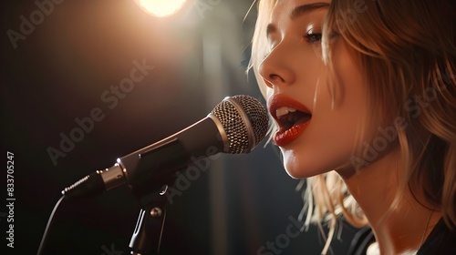 Captivating Female Vocalist Passionately Performing on Stage Under Spotlight