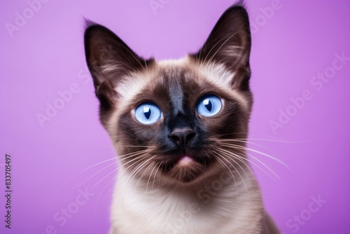 Portrait of a smiling siamese cat in front of soft purple background © Markus Schröder