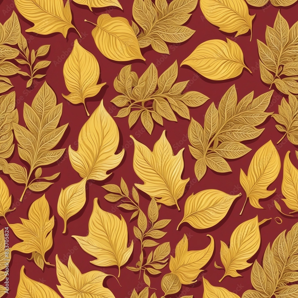 Yellow leaves pattern on red background, illustration Yellow leaves pattern on red background, illustration