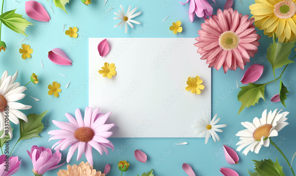 3d rendering, Flowers and a blank card on a blue background vector illustration, with no text. About flowers with white space for writing in the center of a square or rectangle shape 3d rendering, Flowers and a blank card on a blue background vector illustration, with no text. About flowers with white space for writing in the center of a square or rectangle shape