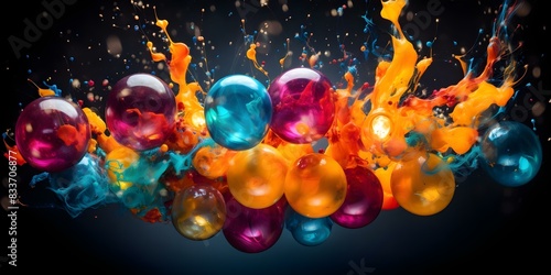 Colorful paint splatters from exploding light bulb on black background sparking creativity. Concept Abstract Art, Splatter Painting, Exploding Light Bulb, Creative Photography, Colorful Inspiration photo