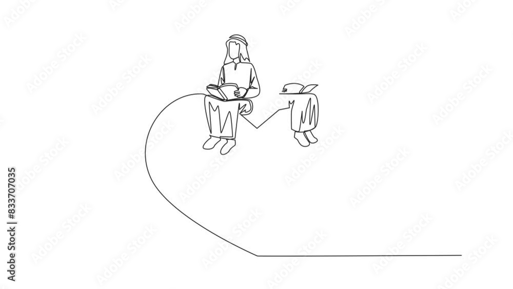 Animation of continuous line drawing Arab man woman sitting on big heart. Reading romantic fiction book. Enjoy storyline. Hobby reading story book. One line self drawing animated. Full length motion Animation of continuous line drawing Arab man woman sitting on big heart. Reading romantic fiction book. Enjoy storyline. Hobby reading story book. One line self drawing animated. Full length motion