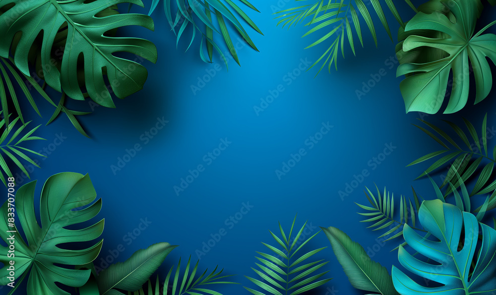 Fototapeta premium Tropical leaves on blue background with copy space, vector illustration. Design for banner or poster