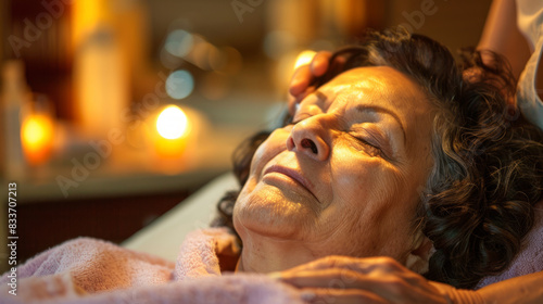 Older Woman receiving a facial treatment at a spa. International Self Care Day. Wellness and relaxation concept. Design for poster, wallpaper, banner. © Helen