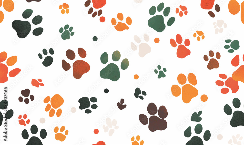 Fototapeta premium Seamless pattern of colorful dog paw prints on a white background, flat vector illustration in the style of a cute and playful style with simple shapes and bright colors