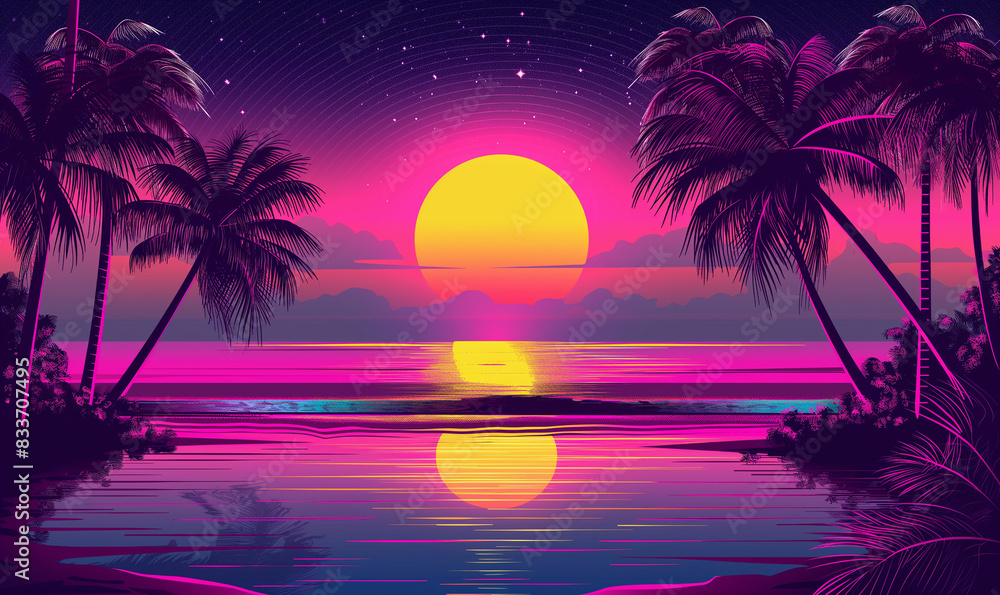 Beach sunset with palm trees, vector illustration, colorful, in the style of 80s, in the style of retro, flat design, digital art, neon purple and yellow colors