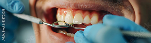 Dental Care Precision: Dentist Examining Patient s Teeth in Clinic Ideal for Healthcare Ads. Photo Stock Concept