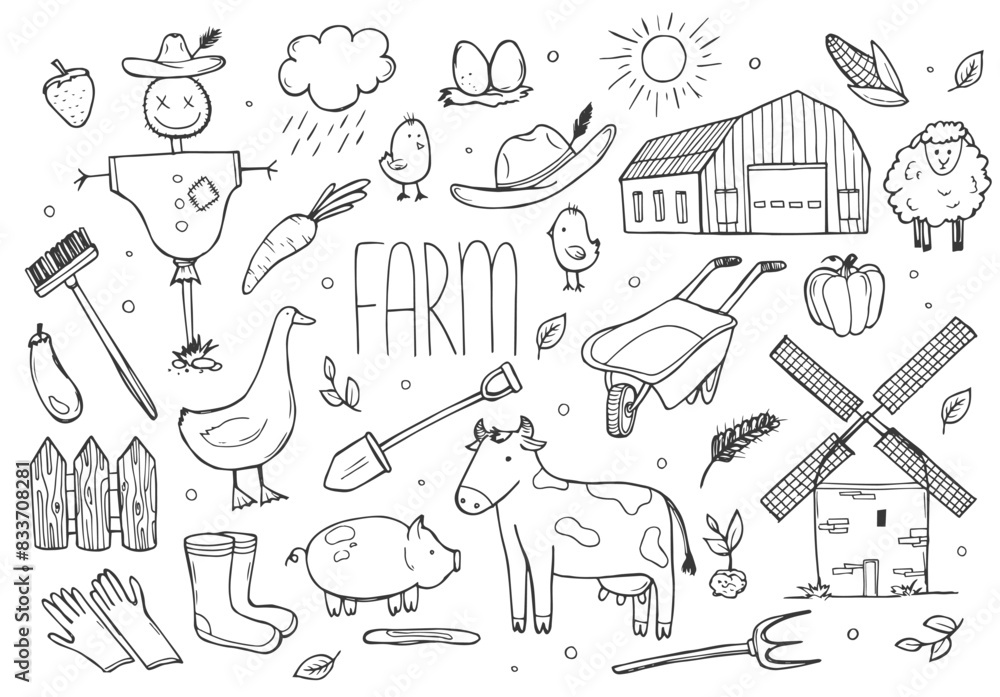 Obraz premium Hand drawn set farm animal, horse, cow, flowers. Doodle sketch style. Agriculture life background, icon. Isolated vector illustration.