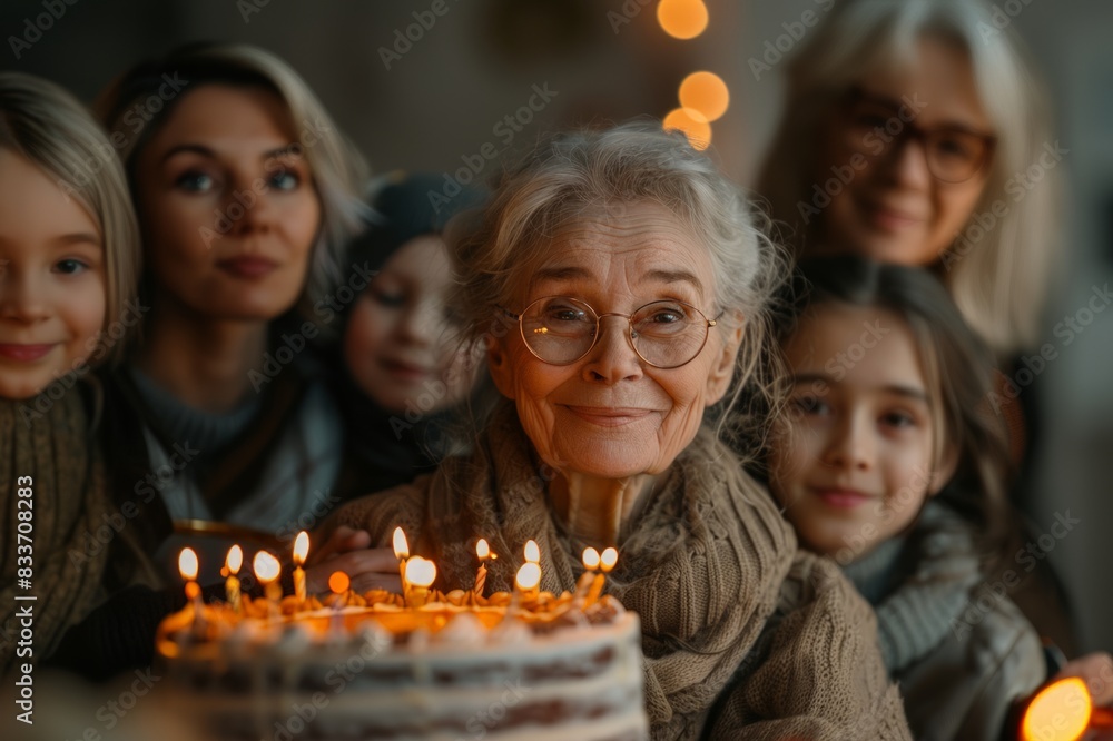 Smiling elderly woman with a birthday cake with candles in front of her. Surrounding her are family members, including children and adults, all smiling and looking towards the camera. Smiling elderly woman with a birthday cake with candles in front of her. Surrounding her are family members, including children and adults, all smiling and looking towards the camera.