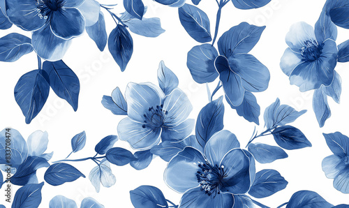 Blue floral pattern on a white background, seamless design, vector illustration in the style of watercolor, high resolution.