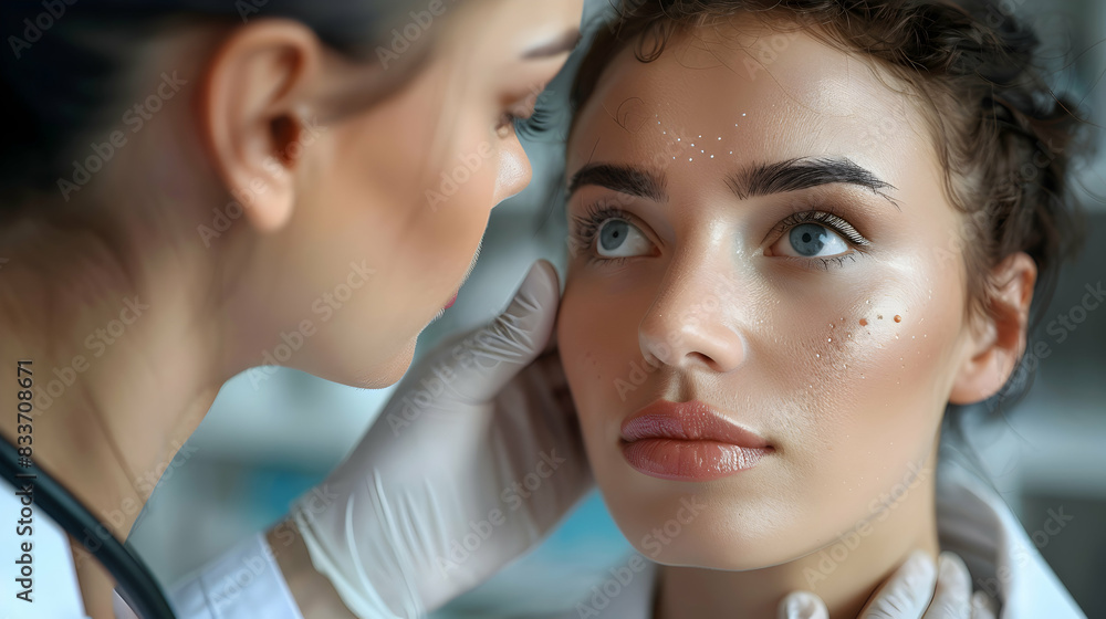 Dermatologist examining patient s skin condition in a photo realistic image showcasing precision and expertise. Perfect for dermatology and healthcare advertisements on a photo sto Dermatologist examining patient s skin condition in a photo realistic image showcasing precision and expertise. Perfect for dermatology and healthcare advertisements on a photo sto