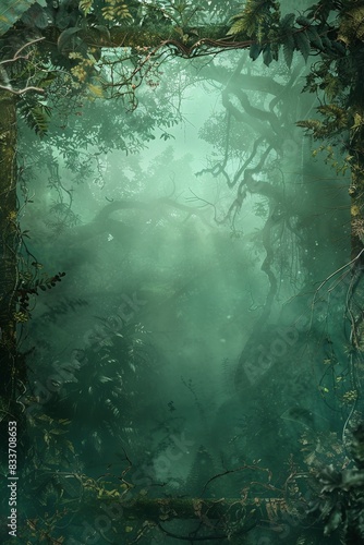 A verdant fantasy RPG game card background with mythical creatures lurking in the shadows, framed by intricate borders in a dark, cartoon style. photo