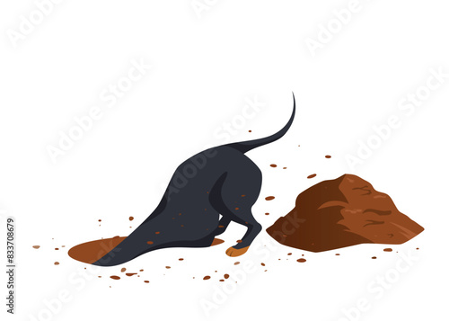 Dog digging a ground pit. Hole in soil and heap of dirt. Vector illustration in cartoon style isolated on a white background.