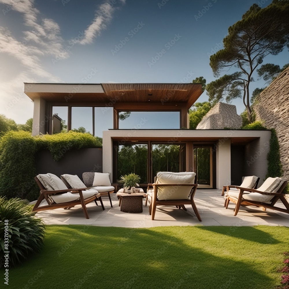 Obraz premium luxury home garden, Luxury modern house exterior with garden and outdoor seating background
