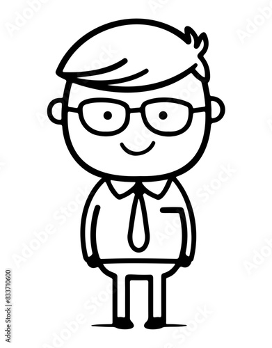 A simple black and white cartoon illustration of a person wearing glasses, ideal for educational and professional designs.