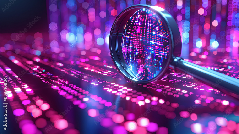 A magnifying glass is on a purple background with a lot of dots A magnifying glass is on a purple background with a lot of dots