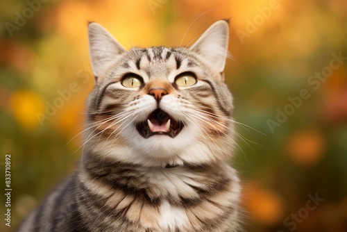 Portrait of a smiling american bobtail cat in soft orange background