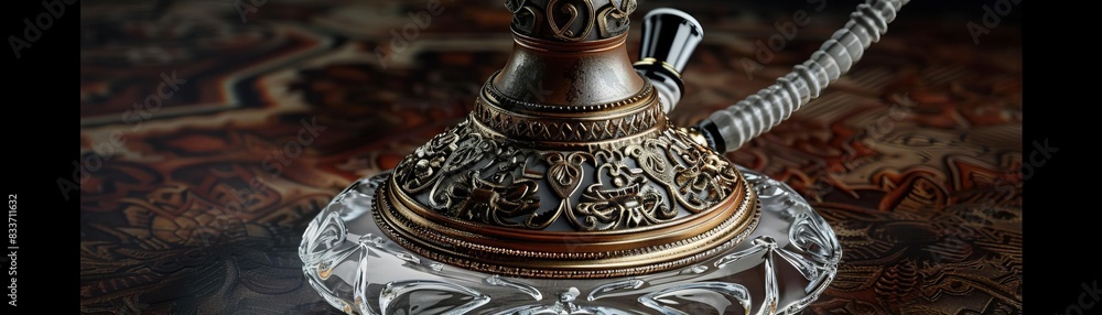 3D model of Ornate hookah with intricate glass base and leather accents 3D model of Ornate hookah with intricate glass base and leather accents