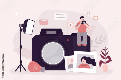 Photographer sitting on giant camera. Photo equipment. Male character with camera, idea and lightbox. Studio photography. Happy freelancer, artist with photo gadget.