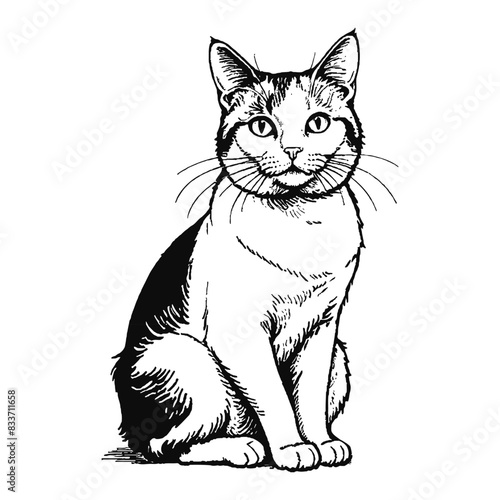 Japanese Bobtail Cat Hand Drawn Engraved Ink Line Art Sketch Illustration