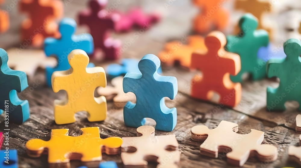 Obraz premium colorful wooden puzzle pieces scattered on a table