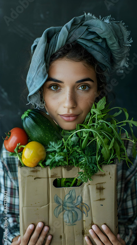 Eco activist promoting plant based food box concept emphasizing sustainability and environmental impact. Ideal for eco friendly and food ads. Photo realistic mockup.