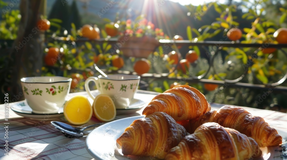 Golden Croissants in the Morning Sunshine, Perfect Gourmet Breakfast Scene with Beautiful Natural Light Golden Croissants in the Morning Sunshine, Perfect Gourmet Breakfast Scene with Beautiful Natural Light