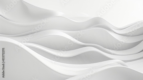 Smooth and clean white wave-like forms transition into a pristine backdrop, embodying minimalist aesthetics.
