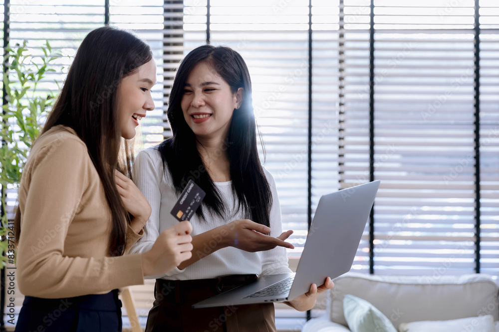 young woman looking at Laptop screen holding credit card, using Laptop secured online e-banking app, satisfied with online cashback purchase or good electronic banking services. young woman looking at Laptop screen holding credit card, using Laptop secured online e-banking app, satisfied with online cashback purchase or good electronic banking services.