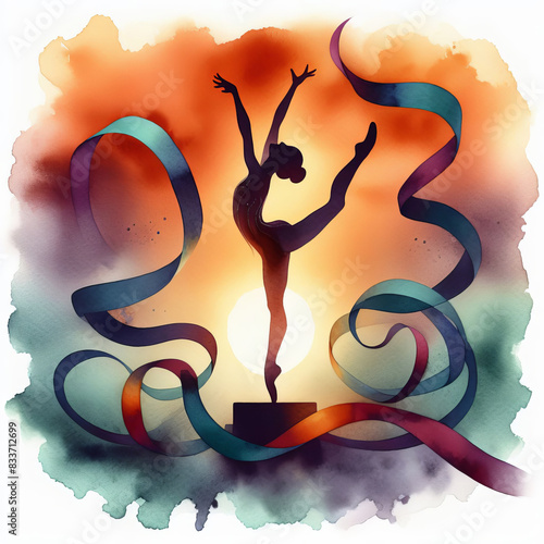 A gymnast in a graceful pose with a ribbon on a background made in soft transitions of colors, watercolor gradient illustration. photo