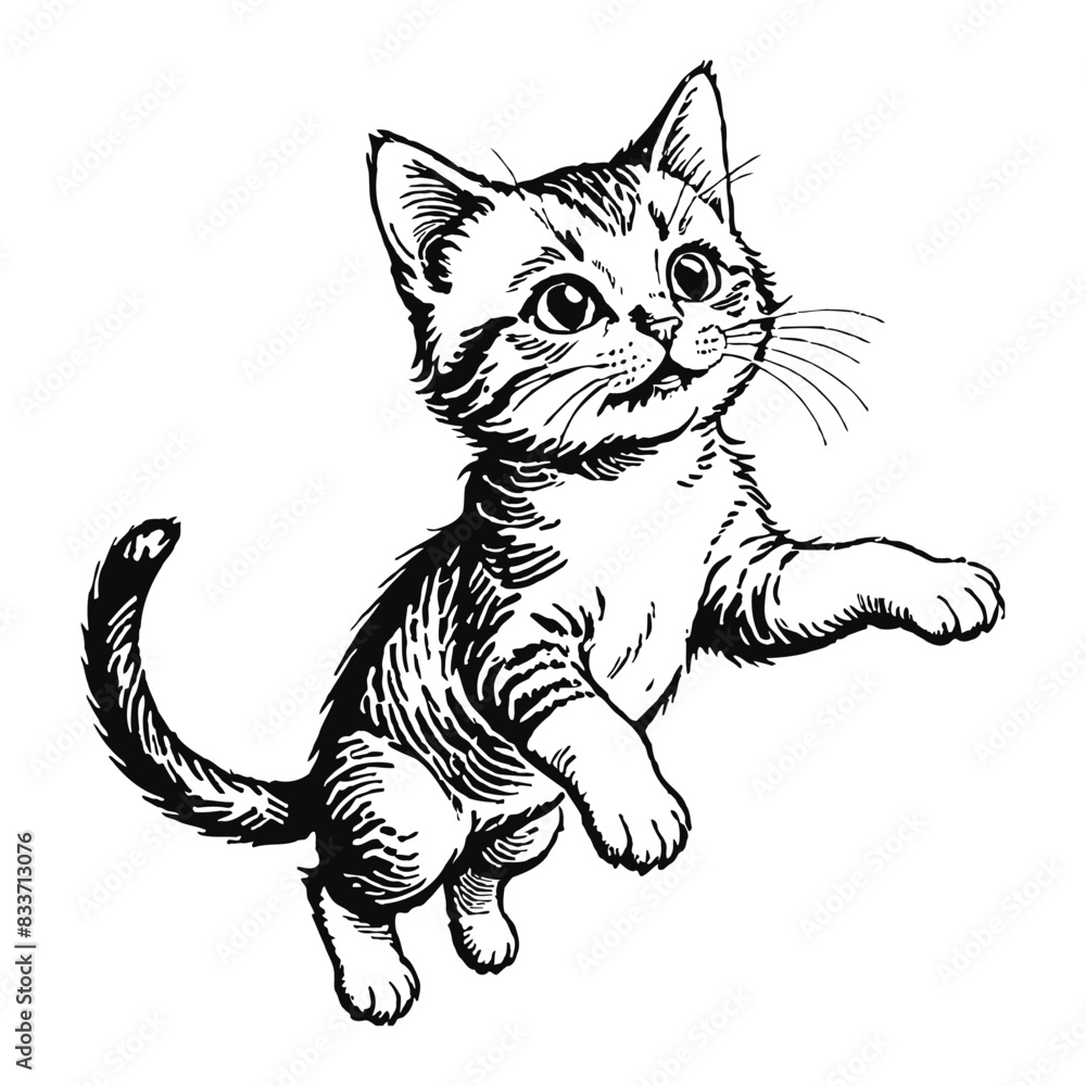 Obraz premium Moggie Cat Kitten Hand Drawn Engraved Ink Line Art Sketch Illustration